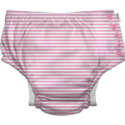Light pink pinstripe reusable swim diaper with snap buttons for adjustable fit, designed for eco-friendly use.