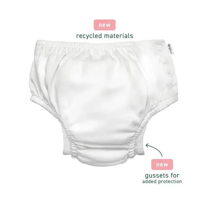 Light pink reusable swim diaper featuring recycled materials, adjustable side snaps, and elasticized leg gussets for added protection.