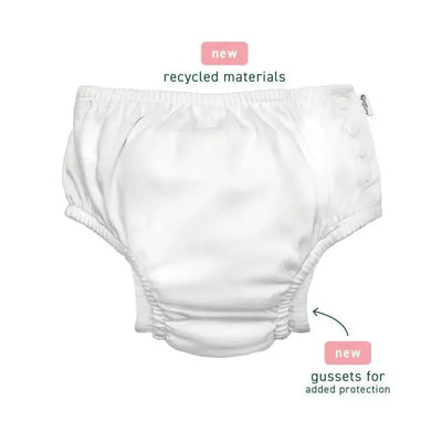 Reusable eco-friendly swim diaper in white, featuring recycled materials, elastic waist, and snap buttons for secure fit.