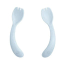 Light blueberry-colored sporks designed for kids, featuring a fork on one end and a spoon on the other.