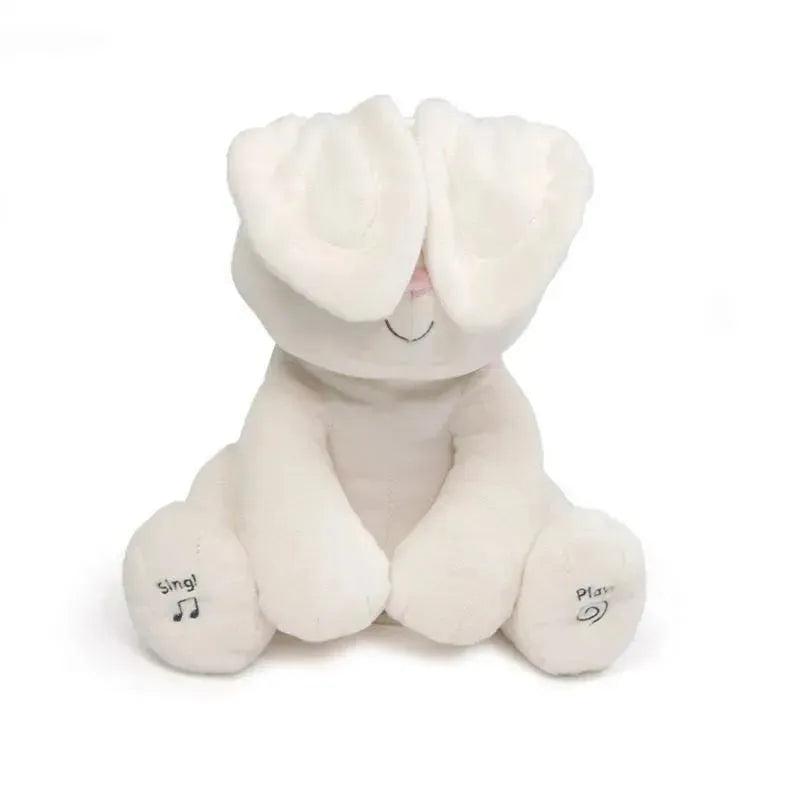 Flora The Bunny animated plush toy, featuring soft white fabric, with labeled paws for singing and playing.