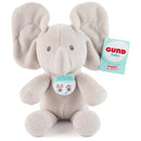 Flappy Elephant plush toy with oversized ears, soft gray fabric, and a tag instructing to squeeze the belly for peek-a-boo action.