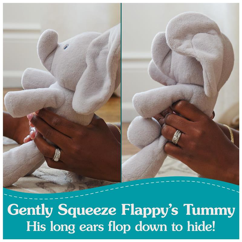 Flappy the elephant plush toy with gray fabric and floppy ears; squeezing its tummy makes the ears flap down.