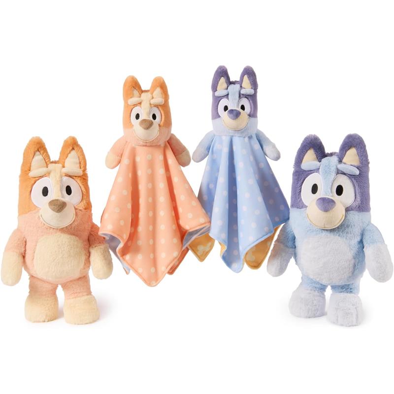 Gund Bingo Lovey Plush 13, featuring four plush toys in pastel colors with polka dot blankets.