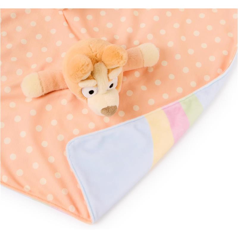 Bingo Lovey Plush is a soft, plush blanket in orange polka dots with a lion head plush toy attached at the center.