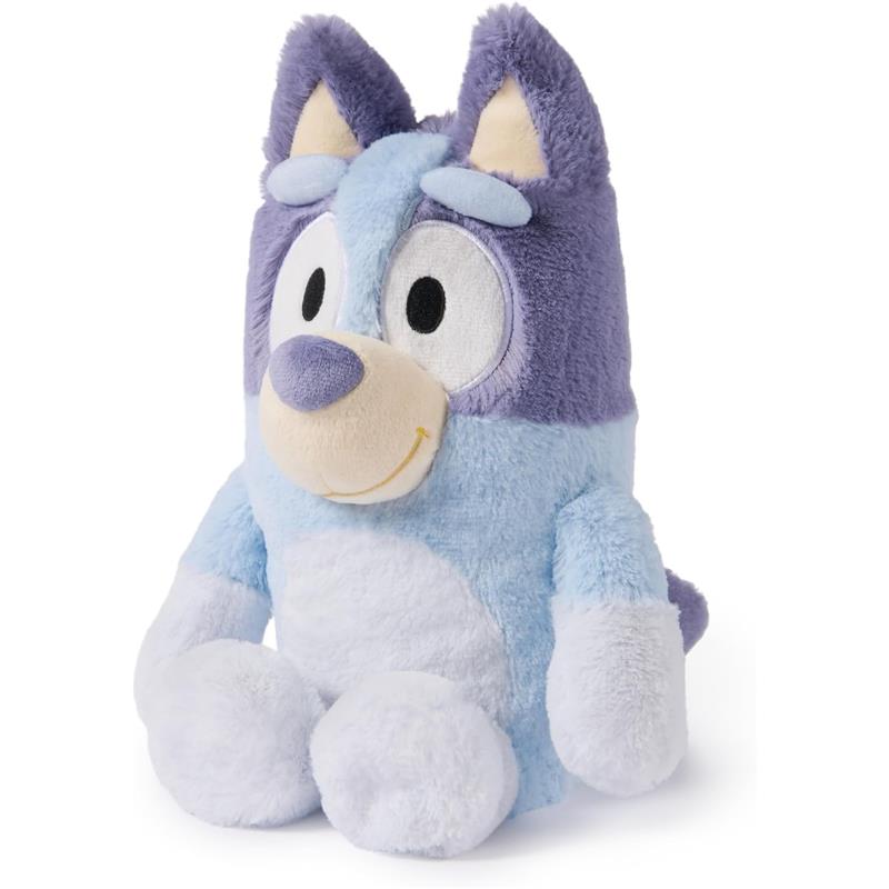 Bluey plush toy in blue and purple colors, featuring large eyes and a smiling expression, designed for children.