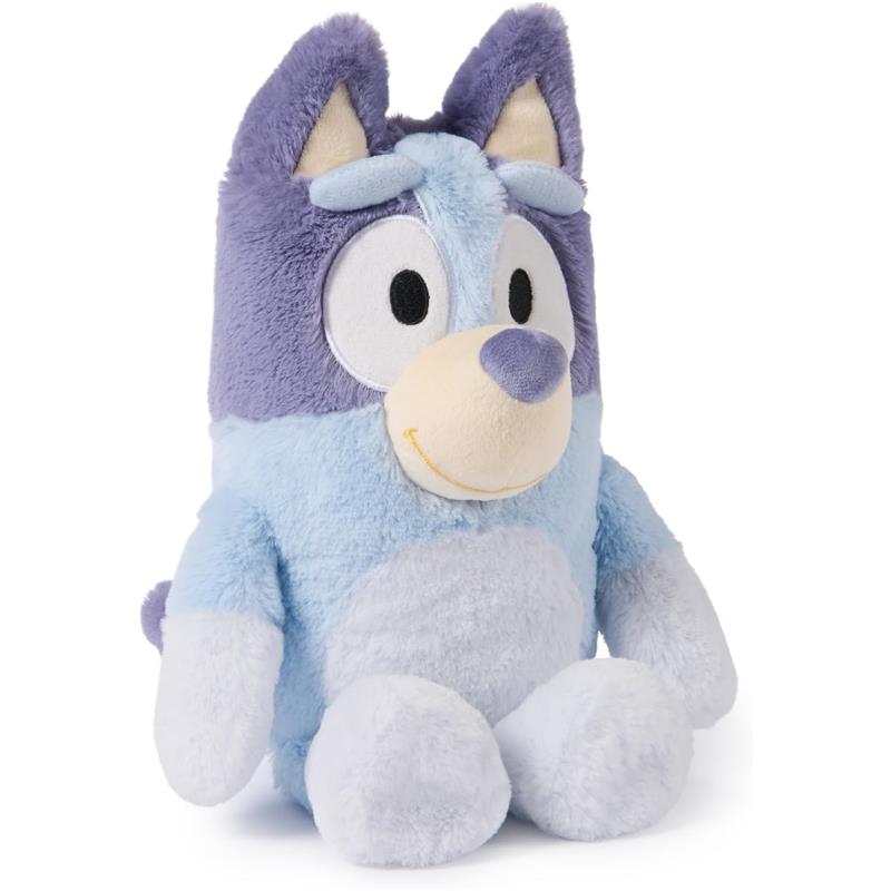 Bluey plush toy featuring a blue and purple design, with large eyes and a smiling face, suitable for children.
