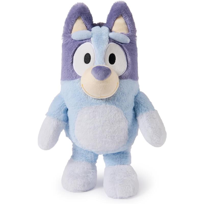 Bluey plush toy in blue and purple, featuring large eyes, a smiling mouth, and fluffy texture, standing upright.