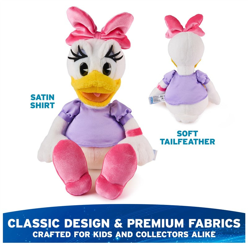 Daisy Duck plush toy with pink bow, purple shirt, and soft tailfeather, designed for kids and collectors.