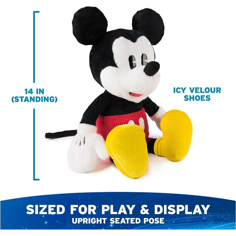 Classic Mickey Mouse plush toy, 14 inches tall, featuring icy velour shoes, designed for play and display in an upright seated pose.