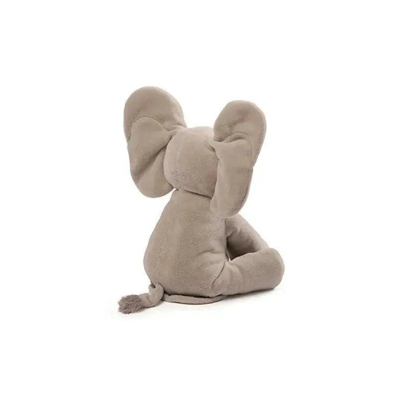 Soft plush grey elephant with large ears, sitting down, designed for children, 12 inches in size.