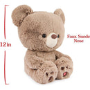 Soft 12-inch beige teddy bear with a faux suede nose, sitting with rounded paws and embroidered details.