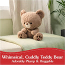 Plush brown teddy bear with a round face and small nose, sitting on a green blanket with a playful, cuddly design.