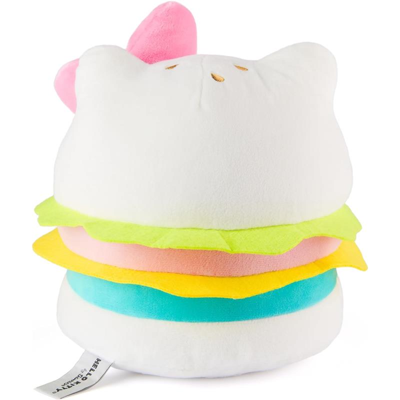 Gund Hello Kitty plush toy designed as a hamburger, featuring white top bun, colorful layers, and pink ears.