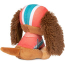 Plush toy dog wearing a colorful striped outfit with floppy ears and a textured brown muzzle.