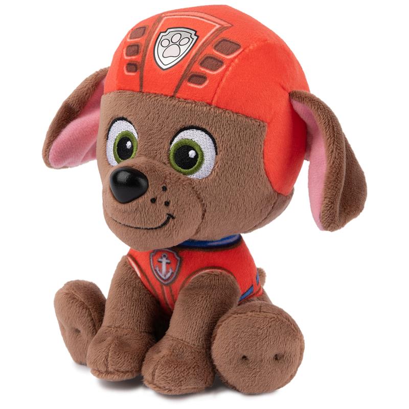 Plush toy of PAW Patrol character Zuma in a vibrant orange water rescue uniform, featuring big expressive eyes and floppy ears.