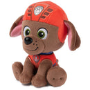 Plush toy of PAW Patrol character Zuma in a vibrant orange water rescue uniform, featuring big expressive eyes and floppy ears.