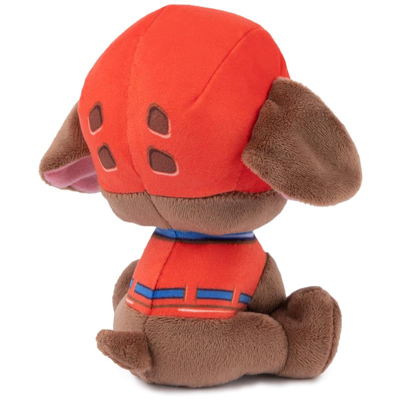 Plush toy of PAW Patrol character Zuma, wearing a red water rescue uniform, depicted from the back.