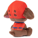 Plush toy of PAW Patrol character Zuma, wearing a red water rescue uniform, depicted from the back.