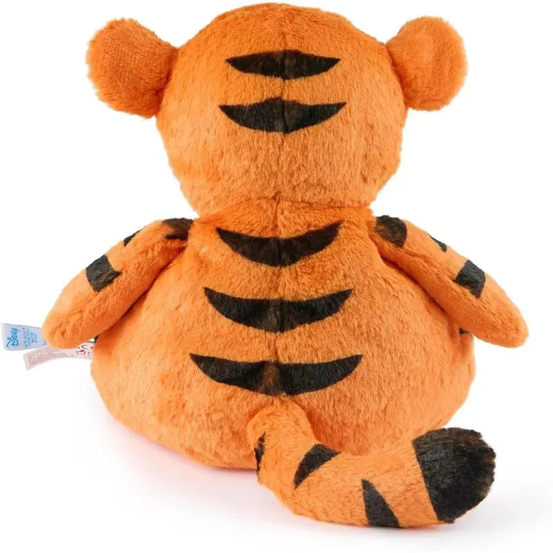 Plush orange Tigger toy with black stripes and a curled tail, designed for snuggling and play.
