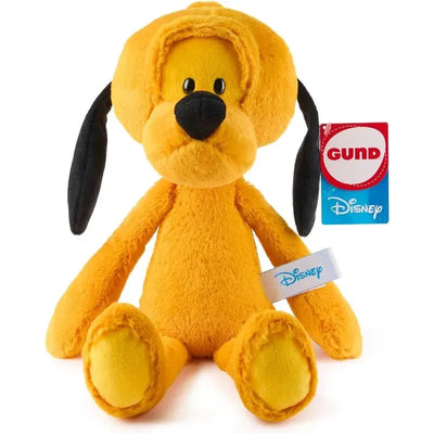 Plush yellow dog toy with black ears, featuring a Gund label and Disney branding, suitable for children.