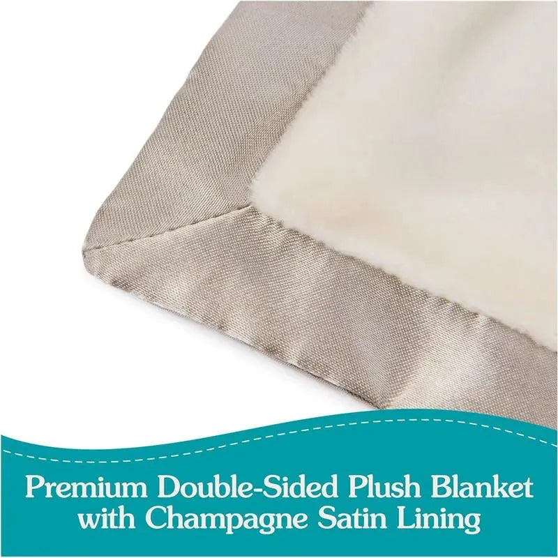 Premium double-sided plush blanket with champagne satin lining, showcasing a soft beige and cream color scheme.