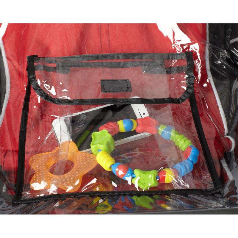 Clear weather shield for H.I.S. Graco Deluxe Stroller featuring colorful baby toys and a smartphone inside a transparent pocket.