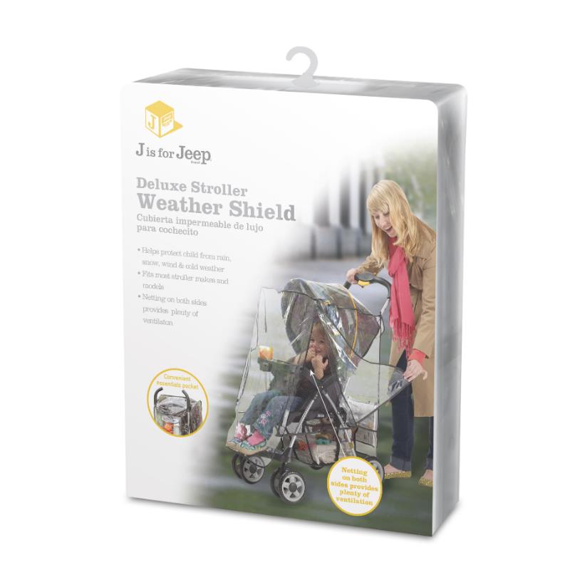 Deluxe stroller weather shield packaging featuring a woman using it with a child inside a stroller, highlighting protection from elements.