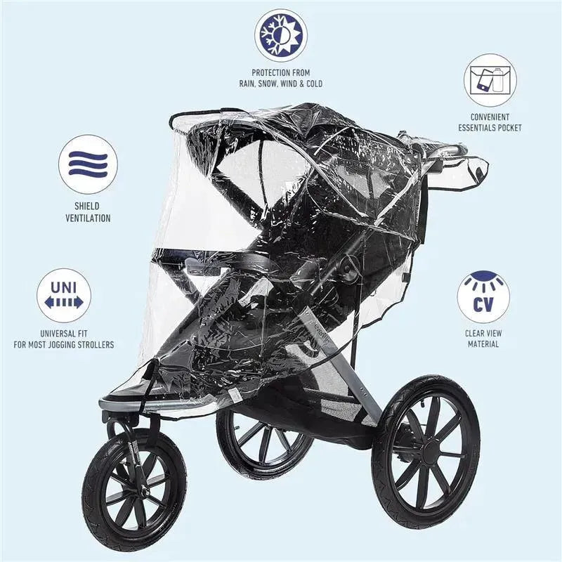 Weather shield for H.I.S. Jeep jogging stroller, featuring clear view material and universal fit. Protection from elements.