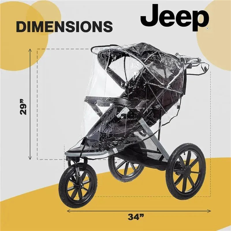 Jeep jogging stroller weather shield with dimensions 29” height and 34” width, clear protective cover displayed.
