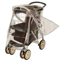 Transparent weather shield covering a Jeep premium stroller, designed to protect against rain and wind.