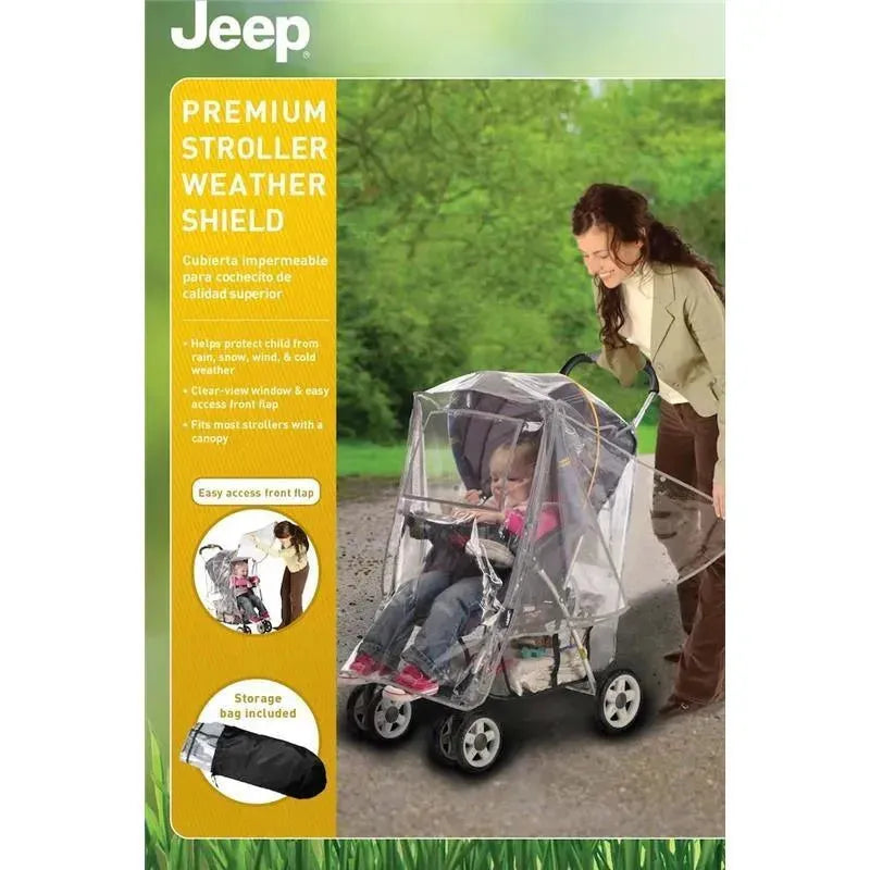 Premium Stroller Weather Shield for Jeep strollers, protecting children from rain and cold, with clear-view window and easy access front flap.