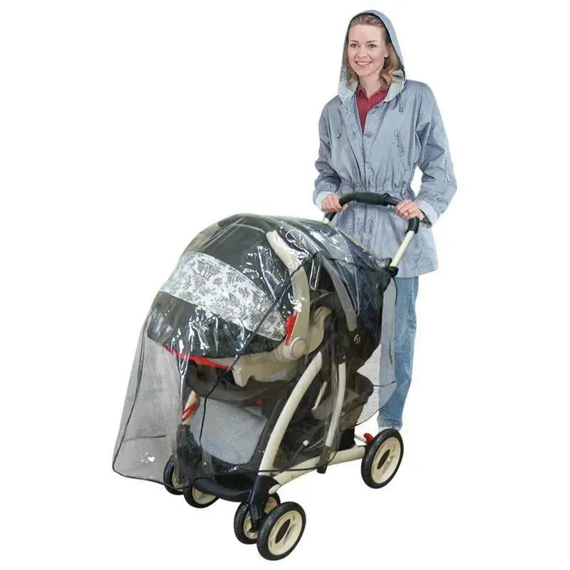 Weather shield cover for a baby stroller displayed with a woman in a raincoat, providing rain protection.