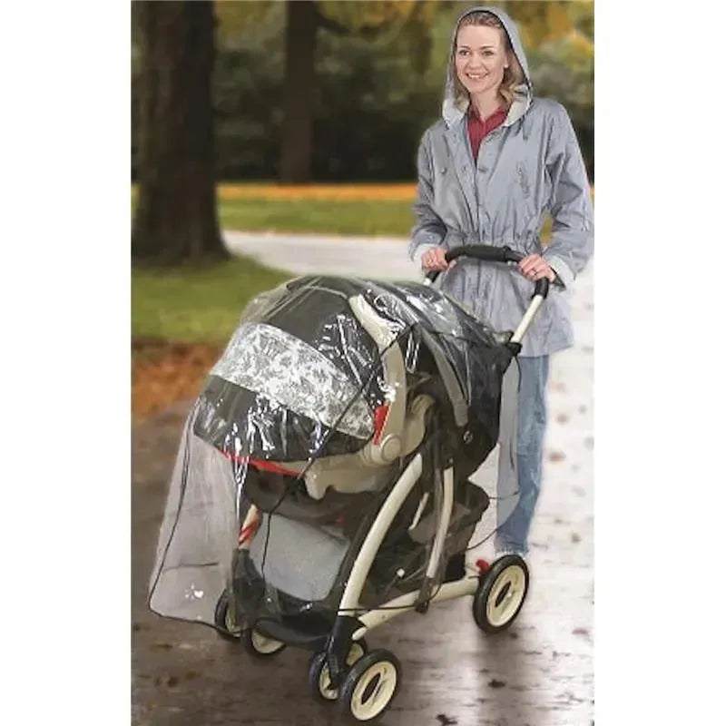 Weather shield for Jeep travel system stroller, highlighting a woman in a raincoat pushing the stroller with a clear rain cover.
