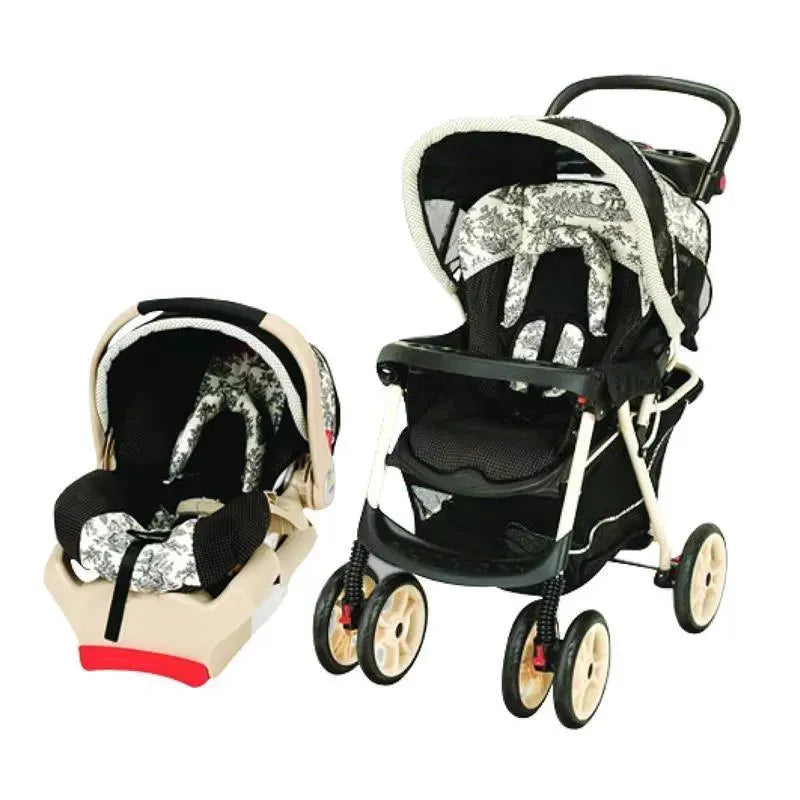 Juvenile Jeep Travel System featuring a black stroller with a patterned seat and a matching infant car seat.