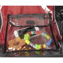 Clear weather shield for a baby stroller, featuring a transparent pocket containing colorful baby toys and a smartphone.