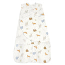 100% cotton HALO SleepSack Swaddle in 1.5 TOG with a forest animal print, designed for infant sleep safety.