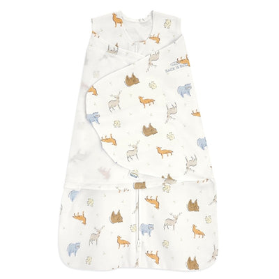 100% cotton HALO SleepSack Swaddle in 1.5 TOG with a forest animal print, designed for infant sleep safety.