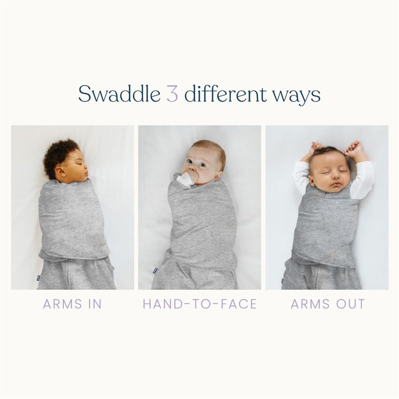 Three infants swaddled in a gray HALO SleepSack, demonstrating different swaddling styles: arms in, hand-to-face, and arms out.