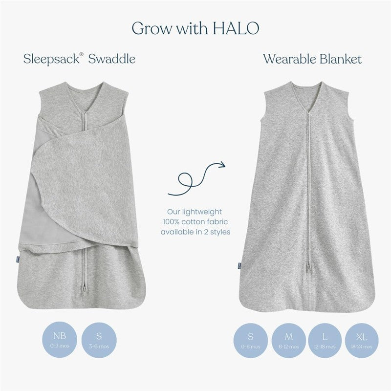 HALO SleepSack Swaddle 100% cotton in gray, featuring a wrap design, and information on sizes for newborns and infants.