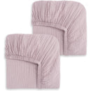 Mauve crib sheets in a 2-pack with soft, textured fabric and fitted elastic edges for secure placement on cribs.