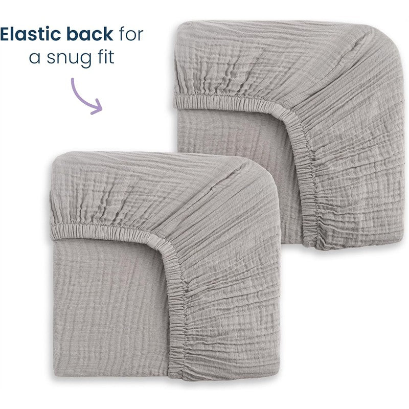 Fitted crib sheets in storm grey, featuring a snug elastic back for secure fit, sold in a 2-pack.