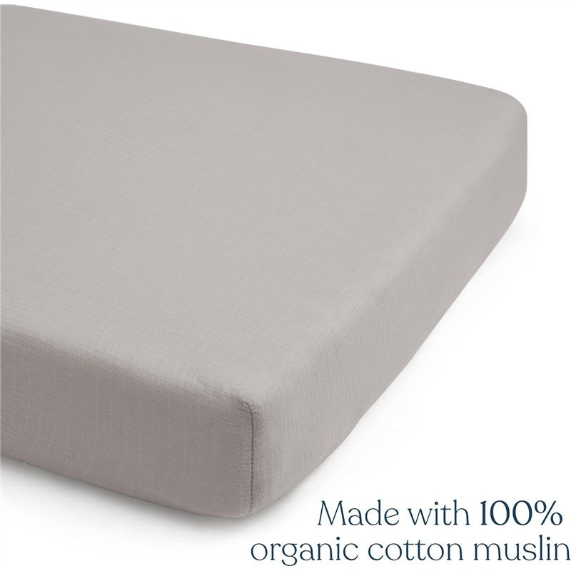 Full-size crib fitted sheet in storm grey, made with 100% organic cotton muslin.