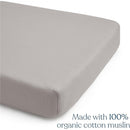 Full-size crib fitted sheet in storm grey, made with 100% organic cotton muslin.