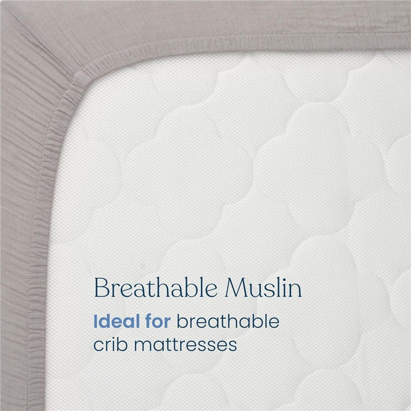 HALO Full-Size Fitted Crib Sheets in Storm Grey, made of breathable muslin, ideal for breathable crib mattresses.
