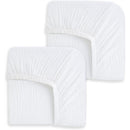 Fitted crib sheets in white, showcasing two sheets with elastic corners for easy fit on standard cribs.