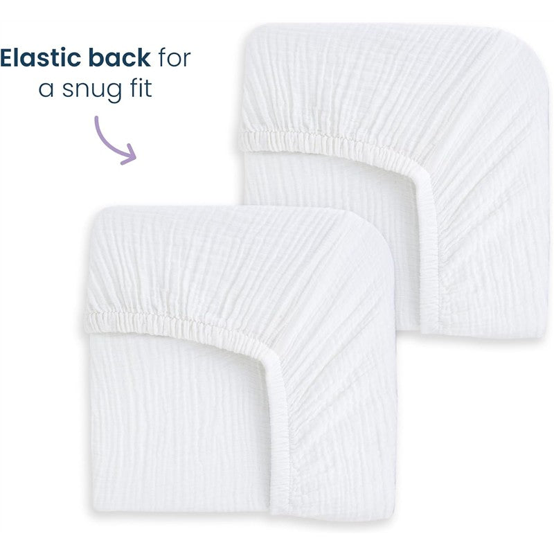 Full-size fitted crib sheets in white with elastic back for a snug fit, displayed in a 2-pack.