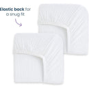 Full-size fitted crib sheets in white with elastic back for a snug fit, displayed in a 2-pack.
