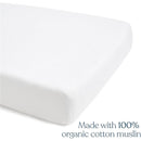 Full-size fitted crib sheet made from 100% organic cotton muslin, shown in white with a soft, textured appearance.