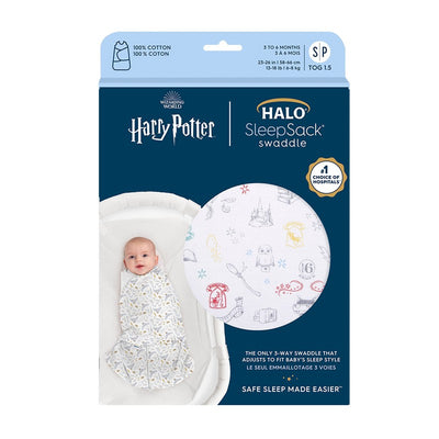 HALO SleepSack Swaddle in 100% cotton features Harry Potter-themed design, ideal for babies 3 to 6 months, 1.5 TOG.